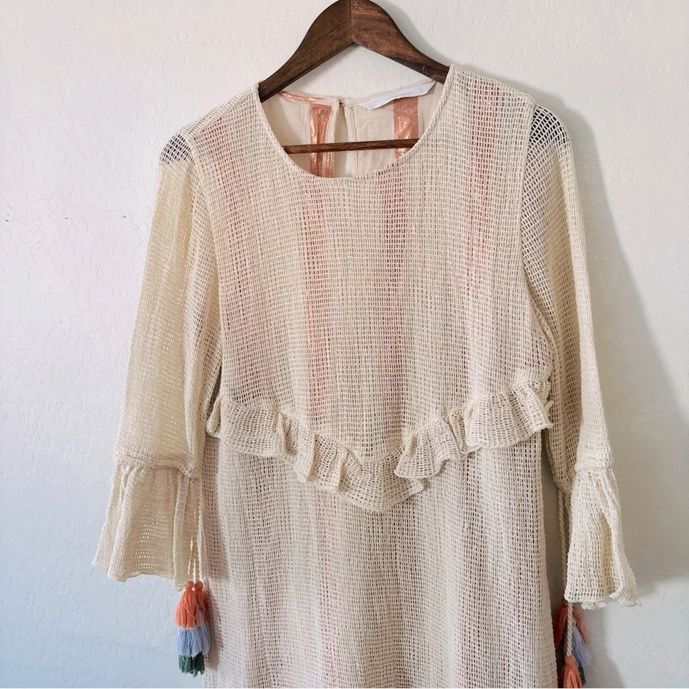 Zara Cream Mini Dress with Ruffle‎ and Tassel Accents Size Large
